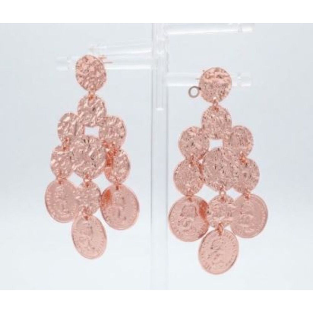 Designer Women's GOLD Shiny Gold Hammered COIN Chandelier Earrings NIP 220